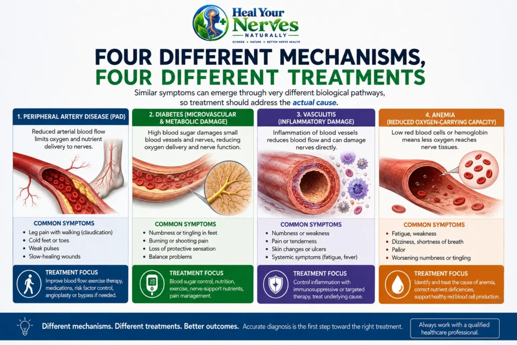 PAD diabetes vasculitis and anemia affecting nerve blood flow and oxygen delivery through different mechanisms