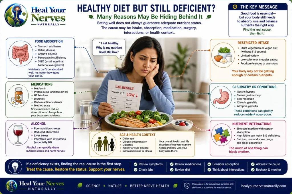 Healthy diet but nutrient deficiency causes including absorption medication surgery and nutrient interactions