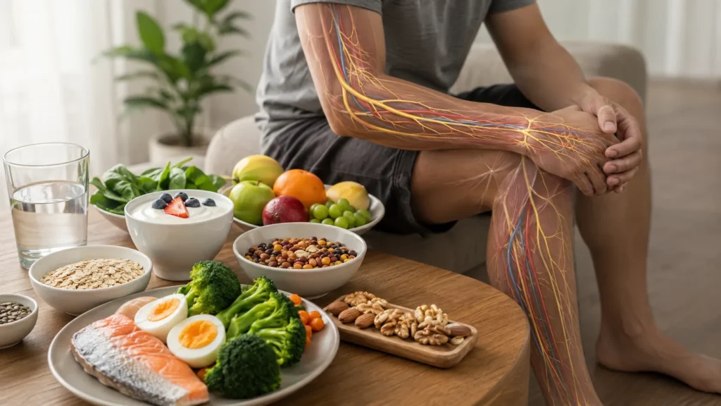 How Nutrition Supports Nerve Repair in Everyday Life Photorealistic image showing balanced foods alongside visible peripheral nerves and blood vessels to explain how nutrition supports nerve repair