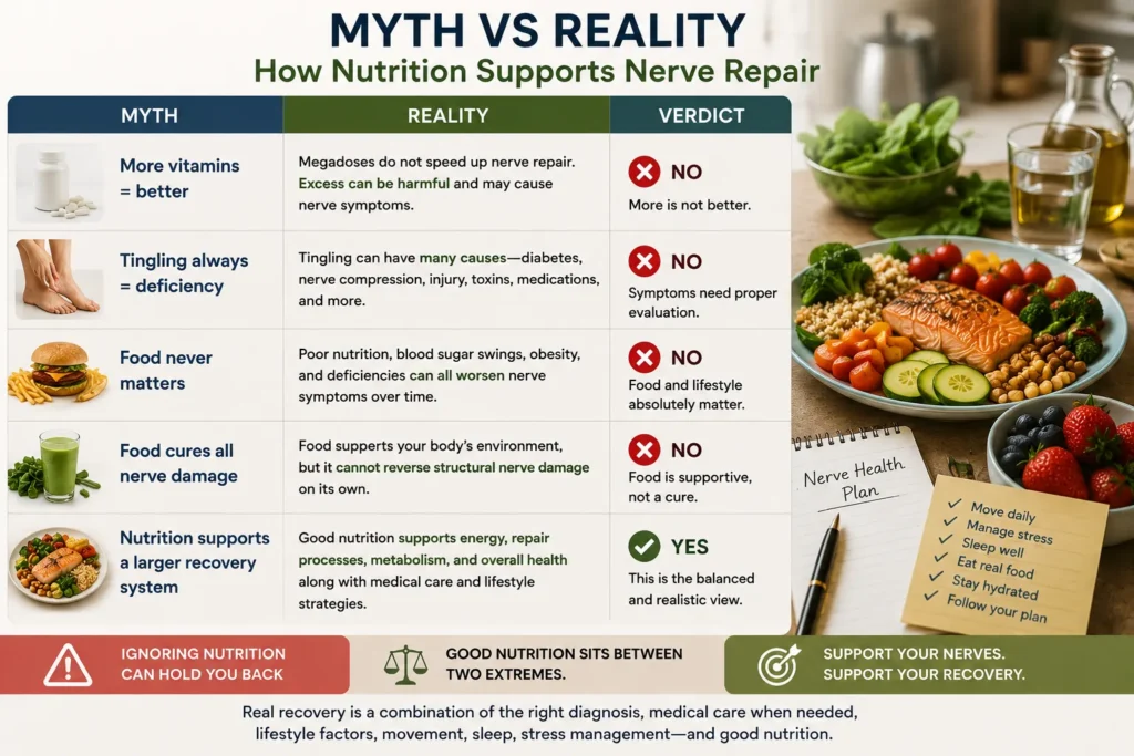 Myth vs Reality: How Nutrition Supports Nerve Repair Photorealistic myth versus reality infographic showing that more vitamins are not always better, tingling is not always caused by deficiency, food does matter, food does not cure all nerve damage, and nutrition supports a larger recovery system