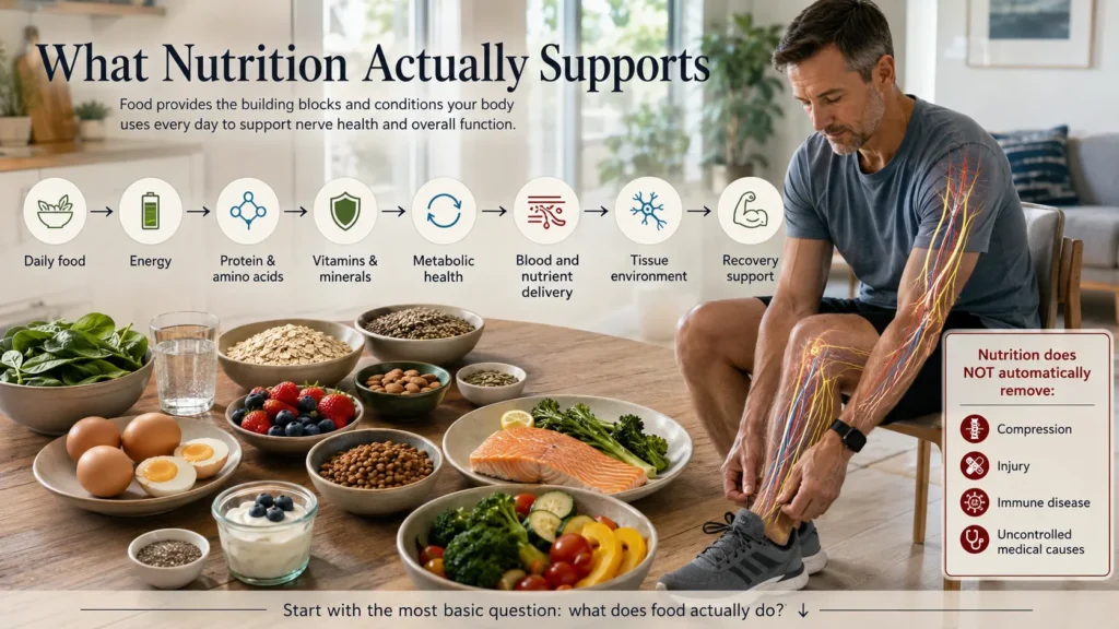 What Nutrition Actually Supports for Nerve Repair Photorealistic infographic-style image showing how daily food supports nerve repair through energy protein amino acids vitamins minerals metabolic health circulation tissue environment and recovery support