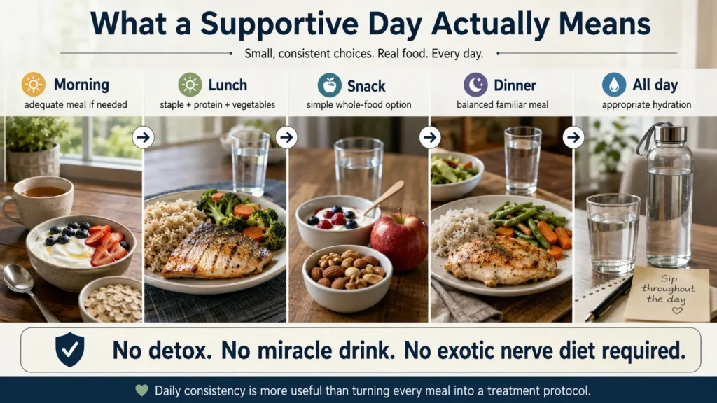 What a Supportive Day Actually Means for Nerve Health Photorealistic daily routine infographic showing morning meal, balanced lunch, simple whole-food snack, familiar dinner and all-day hydration to support nerve health