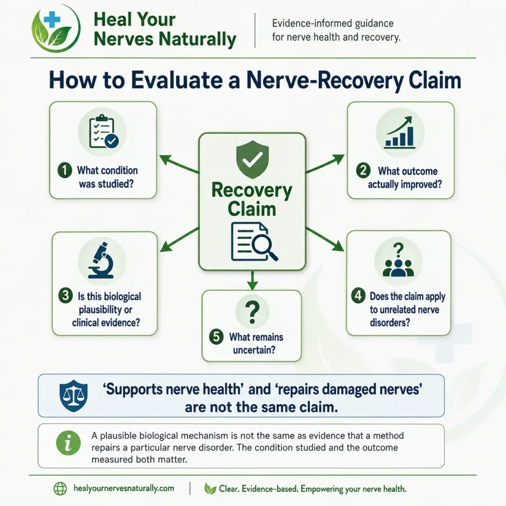 Infographic showing five questions for evaluating claims about nerve healing treatments supplements recovery methods and nerve regeneration