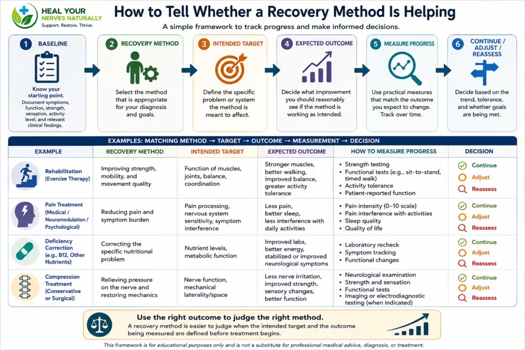Infographic showing baseline recovery method intended target expected outcome progress measurement and reassessment for nerve recovery