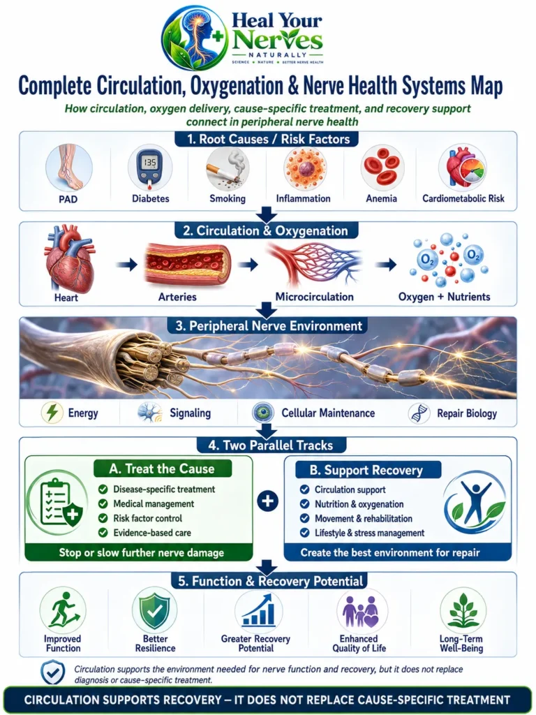 Systems map connecting circulation oxygen delivery disease treatment and peripheral nerve recovery