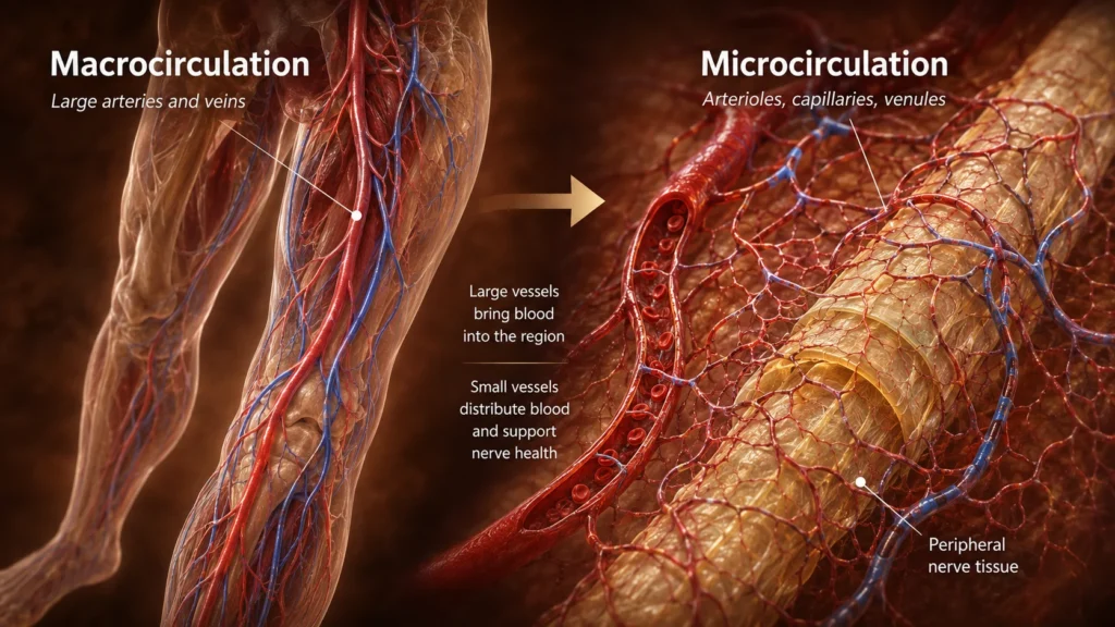 Macrocirculation versus microcirculation showing large arteries and small blood vessels supporting peripheral nerve tissue