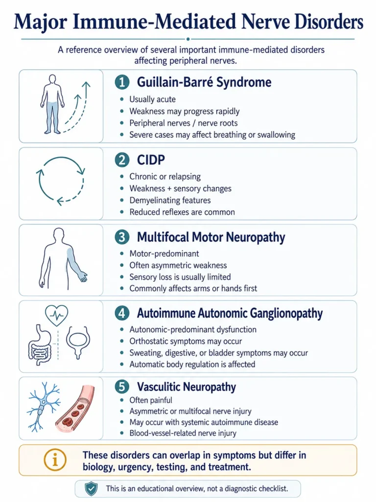 Comparison of Guillain Barre syndrome CIDP multifocal motor neuropathy autoimmune autonomic ganglionopathy and vasculitic neuropathy