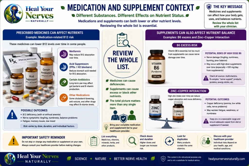 Medication and supplement nutrient risk context showing B12 medication risks B6 excess and zinc copper interaction