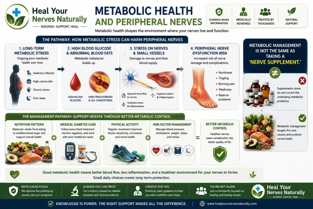 Infographic showing how long term metabolic stress high blood glucose and abnormal blood fats can affect peripheral nerves and their blood supply