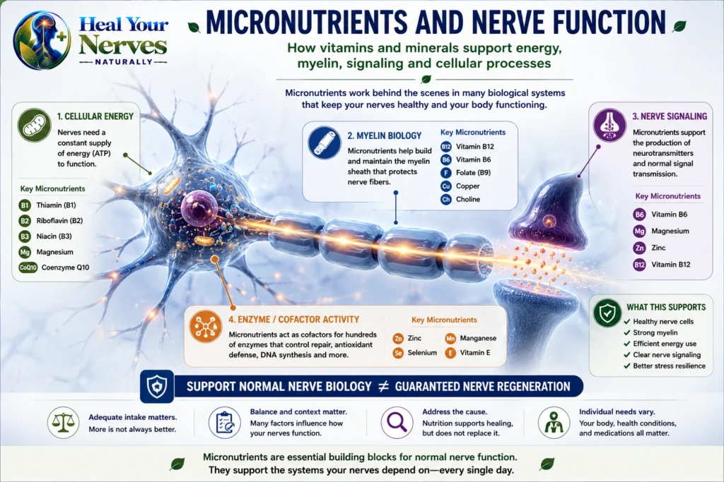 Micronutrients and nerve function shown through cellular energy myelin nerve signaling and enzyme cofactor activity