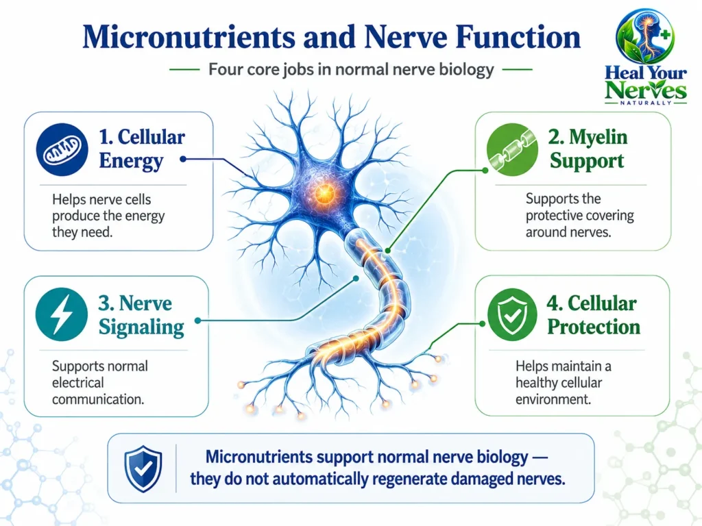 Micronutrients and nerve function diagram showing cellular energy myelin nerve signaling and enzyme cofactor activity