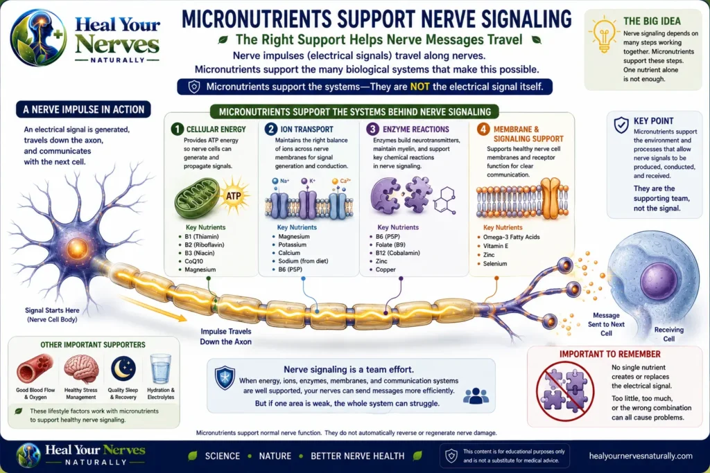 Micronutrients supporting nerve signaling through energy ion transport and enzyme activity