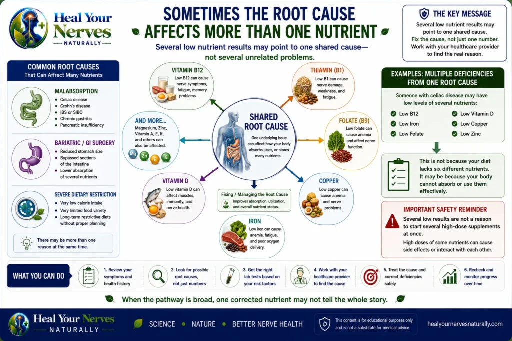 Multiple nutrient deficiencies can share a common root cause such as malabsorption bariatric surgery or severe dietary restriction