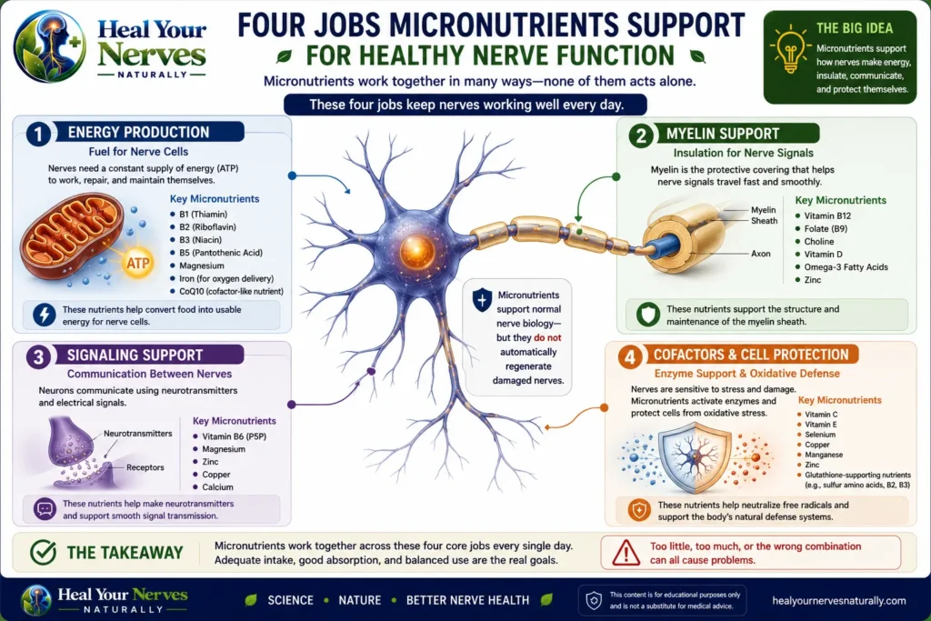 Four nerve functions supported by micronutrients including energy myelin signaling and enzyme cofactors