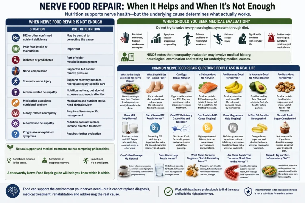 Nerve Food Repair Evidence Guide: When Nutrition Helps and When It Is Not Enough Nerve Food Repair infographic comparing when nutrition may help nerve health, when medical evaluation is needed, and common evidence-based questions about B12, B6, diabetes, compression and neuropathy
