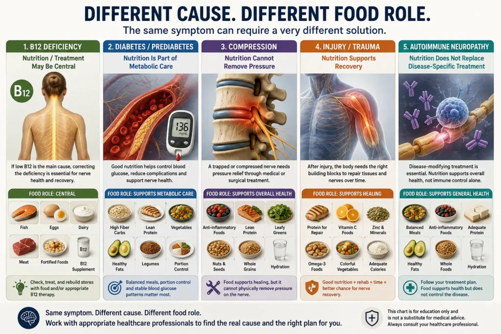 Different Causes, Different Roles for Nutrition in Nerve Recovery Nerve Food Repair chart showing how nutrition plays different roles in vitamin B12 deficiency diabetes nerve compression injury and autoimmune neuropathy