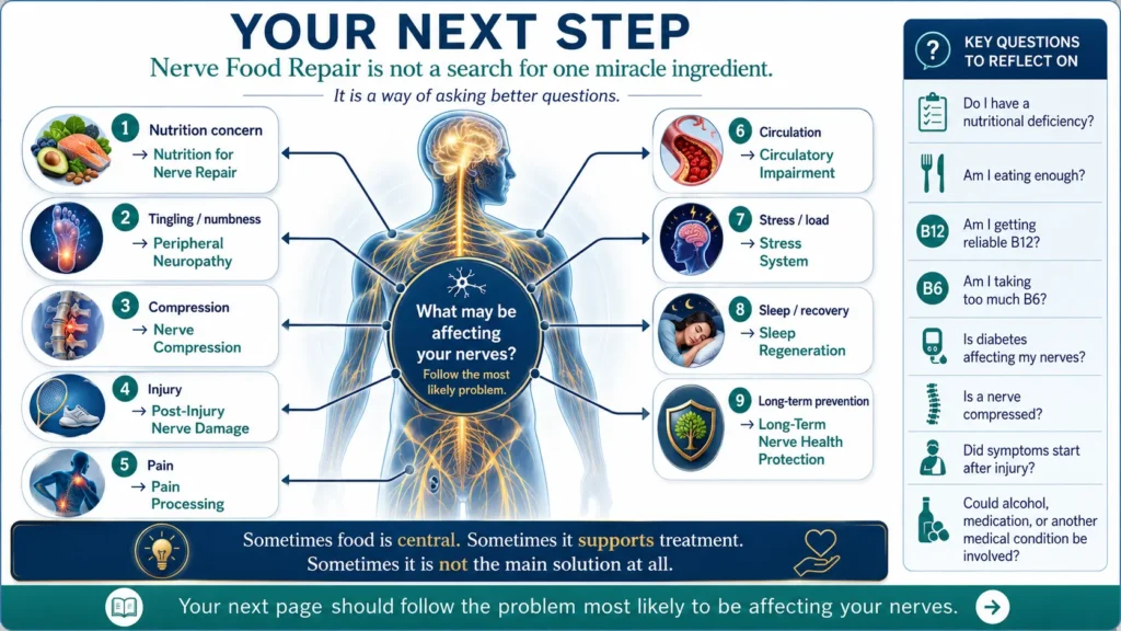 Nerve Food Repair Next Step Map Nerve Food Repair next step map for nutrition concerns, peripheral neuropathy, nerve compression, injury, pain, circulation, stress, sleep and long-term nerve health
