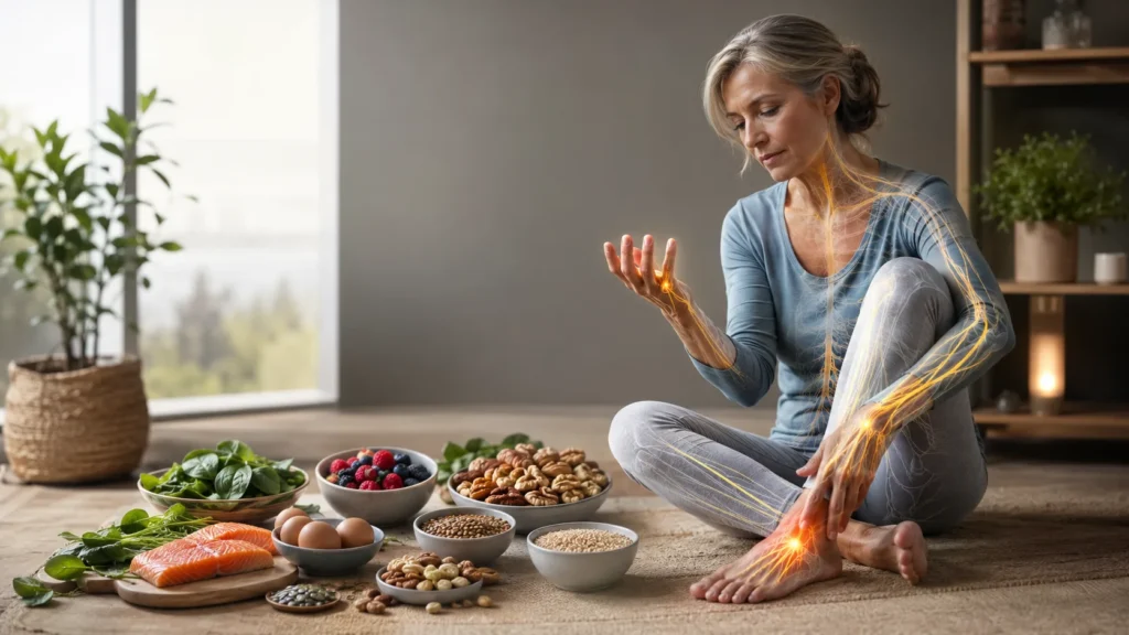 Nerve Food Repair: Nutrition to Support Peripheral Nerve Health Nerve Food Repair illustration showing peripheral nerves in the hand and foot with salmon, leafy greens, berries, eggs, whole grains, nuts and seeds