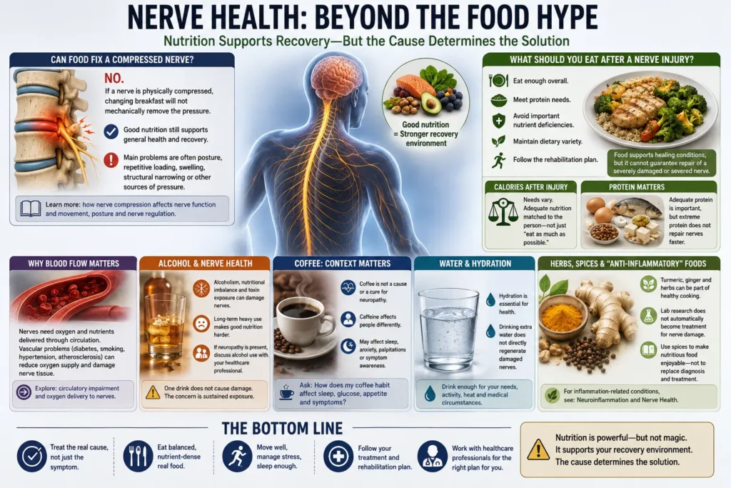 Nerve Food Repair: Nutrition Supports Recovery but the Cause Determines Treatment Nerve Food Repair infographic showing how nutrition, blood flow, treatment, rehabilitation and lifestyle support nerve health while compressed nerves and other underlying causes require specific care