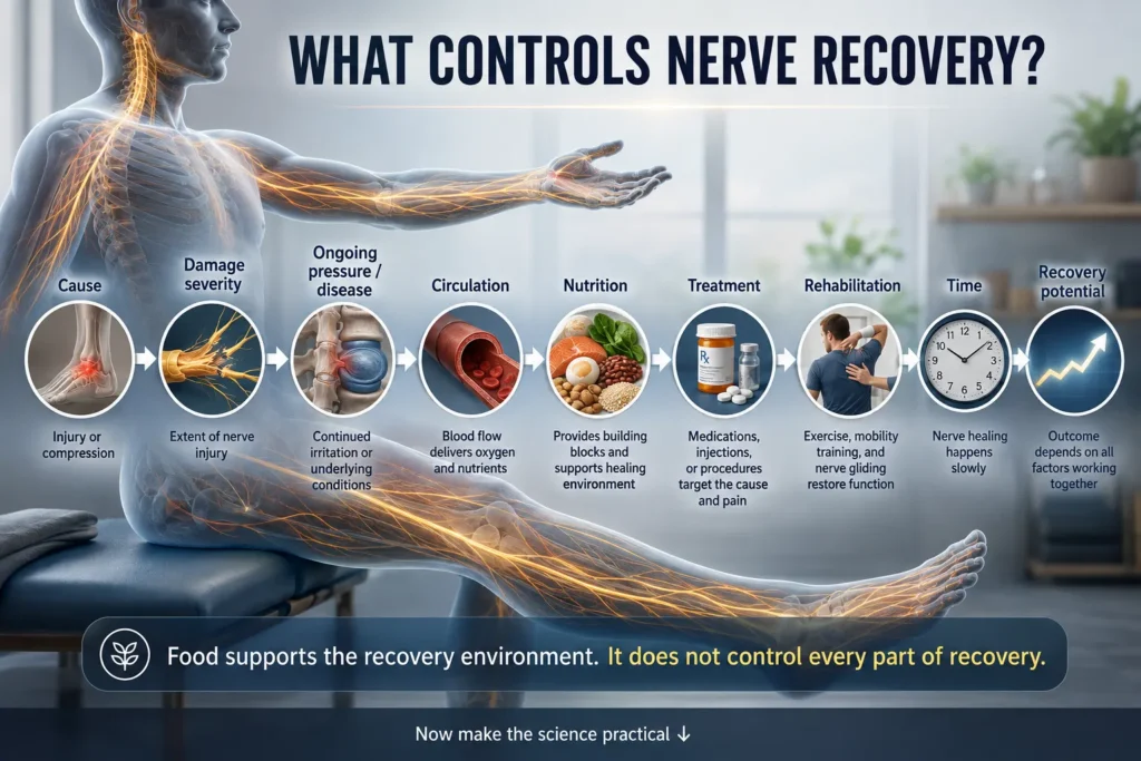 What Controls Nerve Recovery? Key Factors That Influence Healing Nerve Food Repair diagram showing factors that influence nerve recovery including cause, damage severity, ongoing pressure or disease, circulation, nutrition, treatment, rehabilitation and time