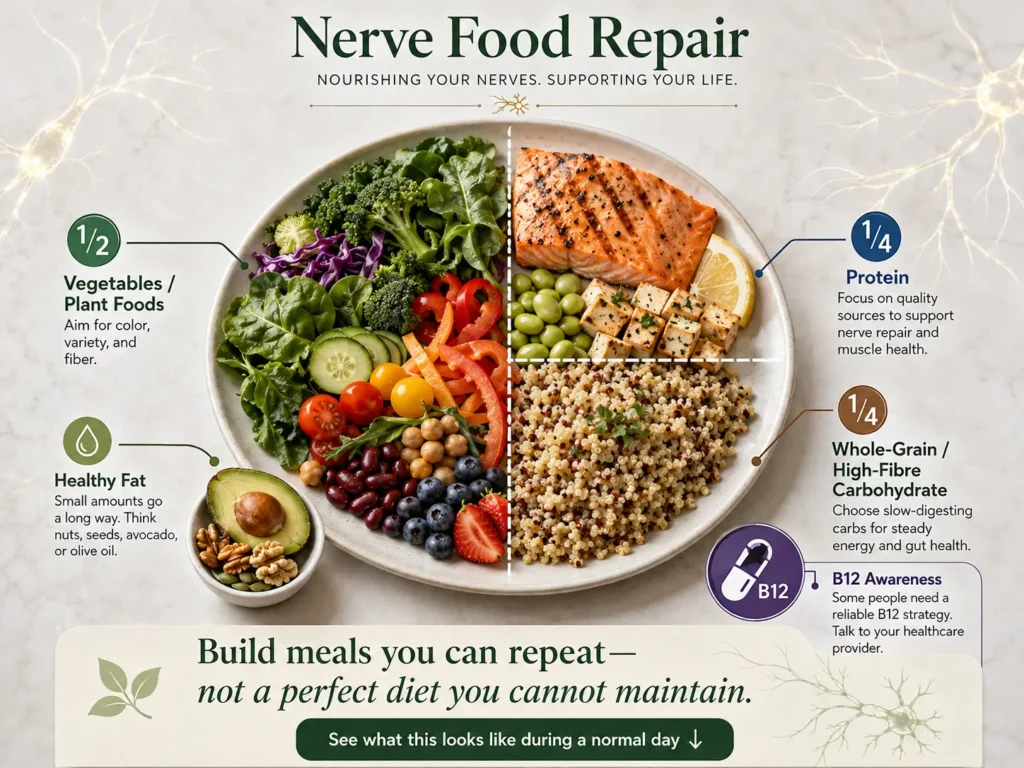 Nerve Food Repair Supportive Plate for Real-Life Meals Nerve Food Repair plate showing vegetables plant foods protein whole grains legumes healthy fats and vitamin B12 awareness