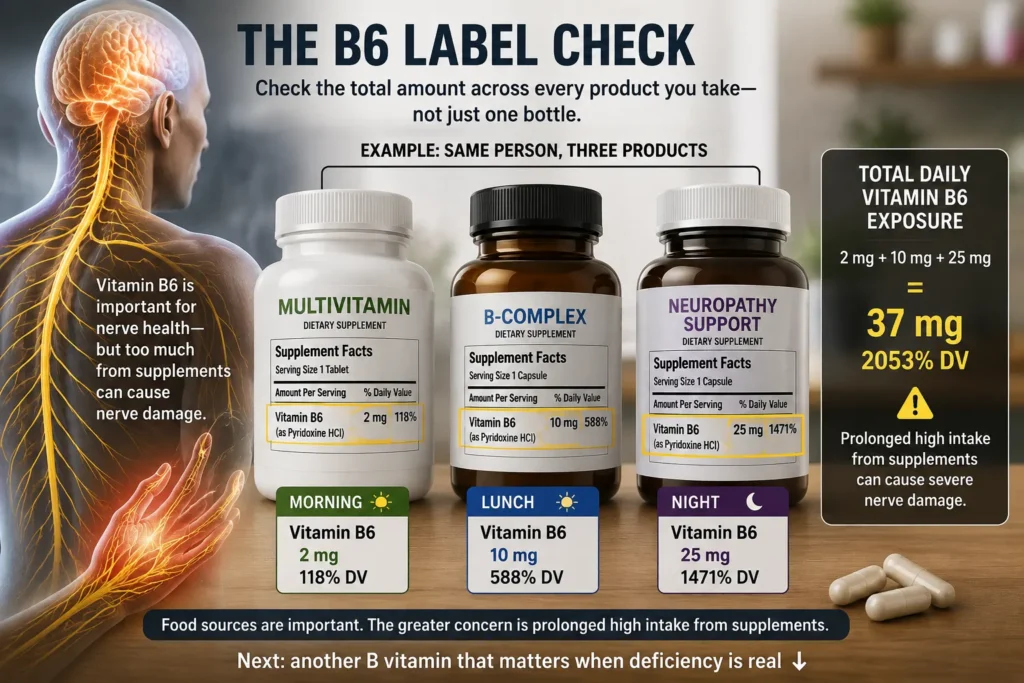 Vitamin B6 Label Check: How Supplement Intake Can Add Up Nerve Food Repair infographic showing vitamin B6 from multiple supplements adding to total daily intake and highlighting the risk of prolonged excessive supplemental B6