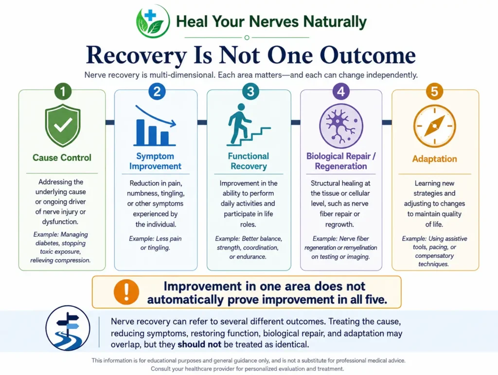 Infographic showing cause control symptom improvement functional recovery nerve regeneration and adaptation as different nerve recovery outcomes