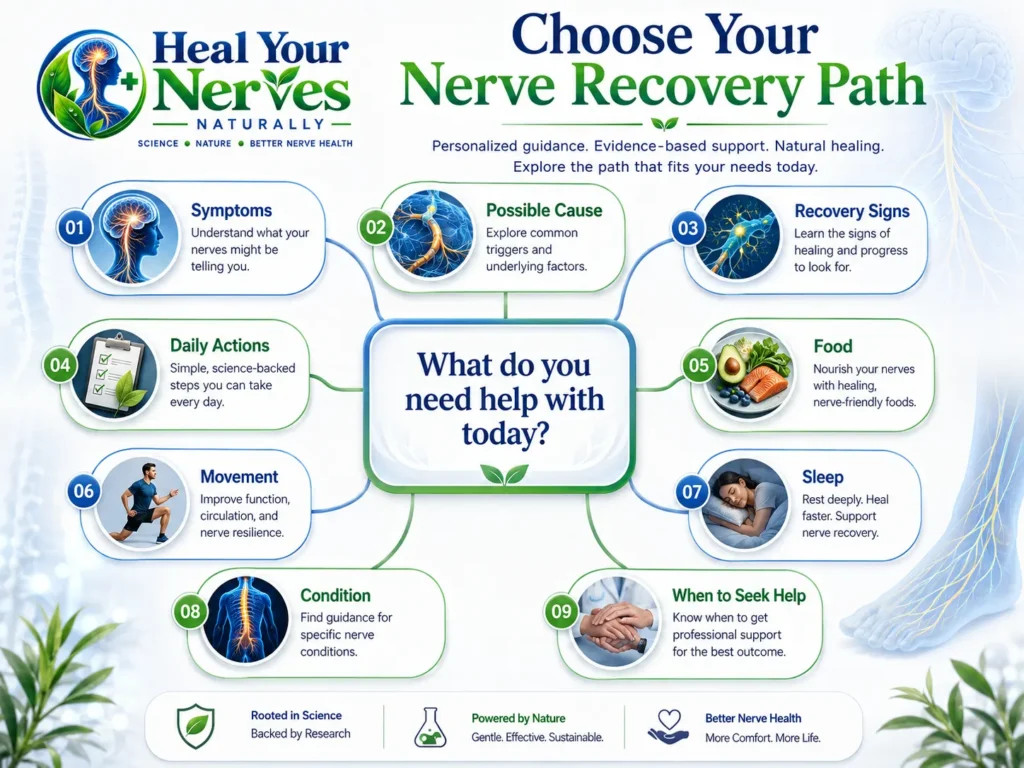 Nerve Recovery Guides decision map for symptoms, causes, recovery signs, daily actions, food, movement, sleep, conditions and when to seek help