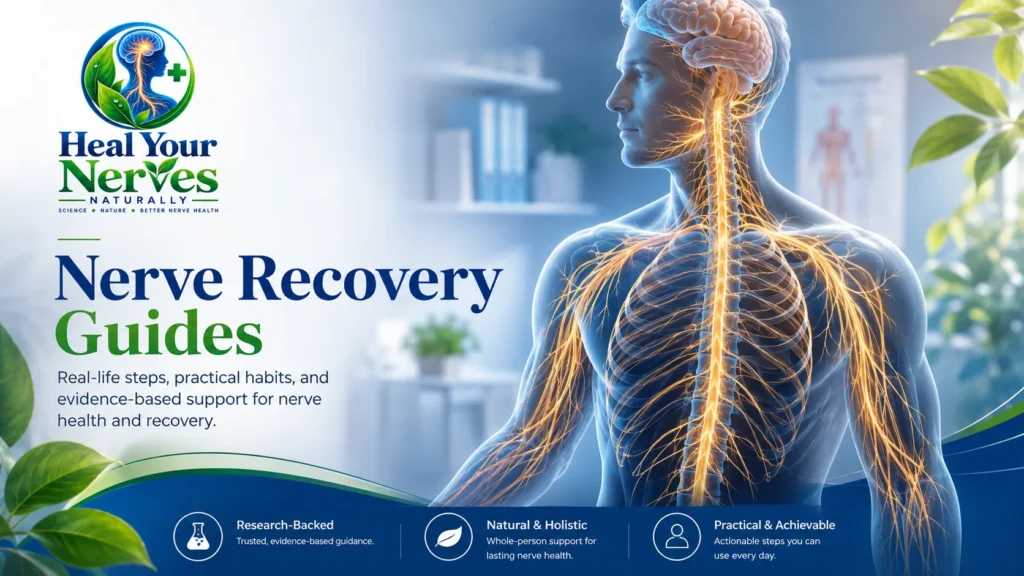 Nerve Recovery Guides showing photorealistic brain spinal cord and peripheral nerves with practical recovery support