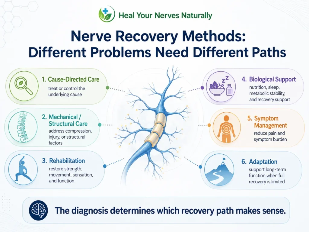 Nerve recovery methods infographic showing cause-directed care structural treatment rehabilitation biological support symptom management and adaptation
