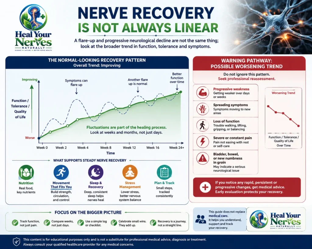 Nerve recovery progress graph showing improving function with temporary symptom flare-ups and warning signs of worsening neurological function