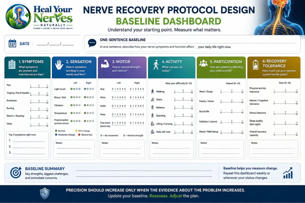 Nerve Recovery Protocol Design baseline dashboard for symptoms, sensation, motor function, activity, participation and recovery tolerance