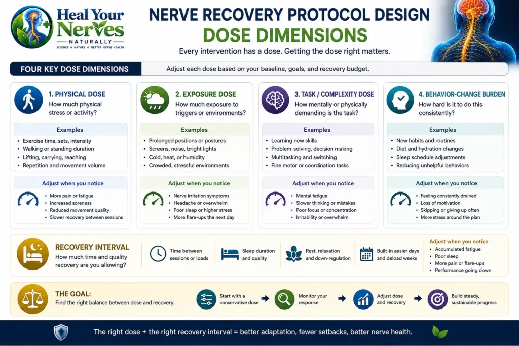 Nerve Recovery Protocol Design dose dimensions for physical activity, exposure, task complexity, behavior-change burden and recovery time