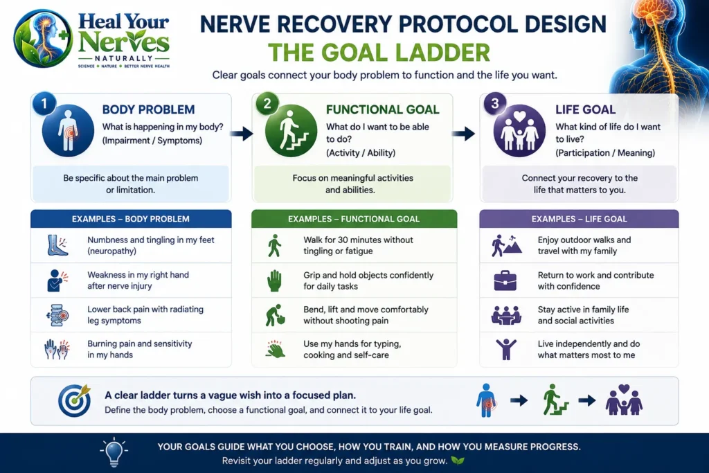 Nerve Recovery Protocol Design goal ladder from body problem to functional goal and meaningful life goal