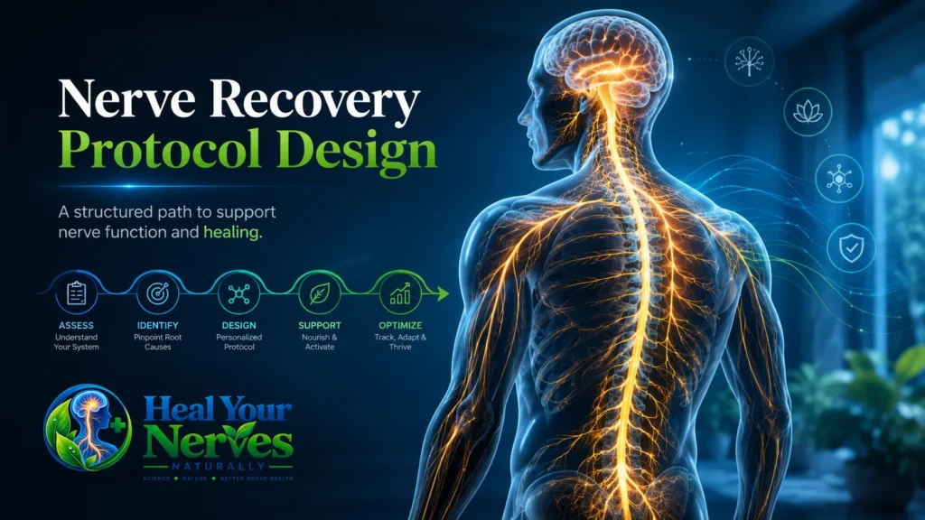 Photorealistic 3D anatomy hero image showing the brain spinal cord and peripheral nerves for a nerve recovery protocol design page with Heal Your Nerves Naturally official logo