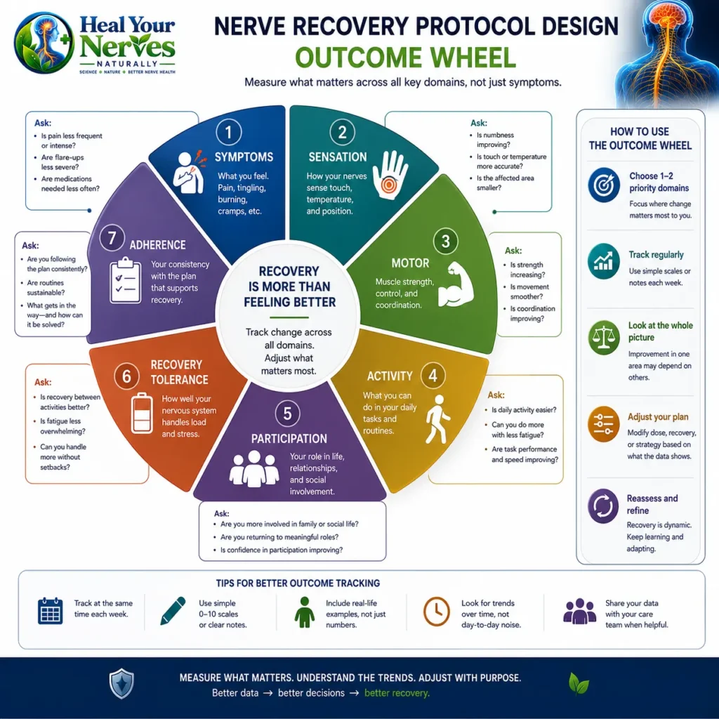 Nerve Recovery Protocol Design outcome wheel tracking symptoms, sensation, motor control, activity, participation, recovery tolerance and adherence
