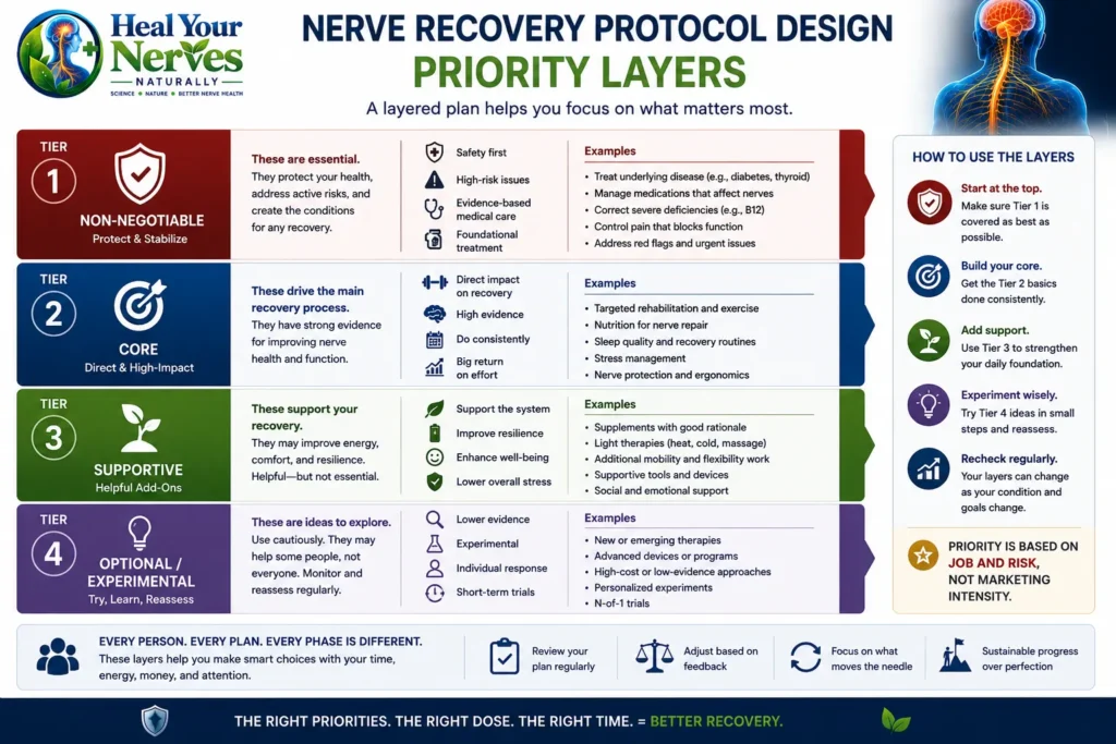Nerve Recovery Protocol Design priority layers from non-negotiable care and core recovery actions to supportive and optional approaches