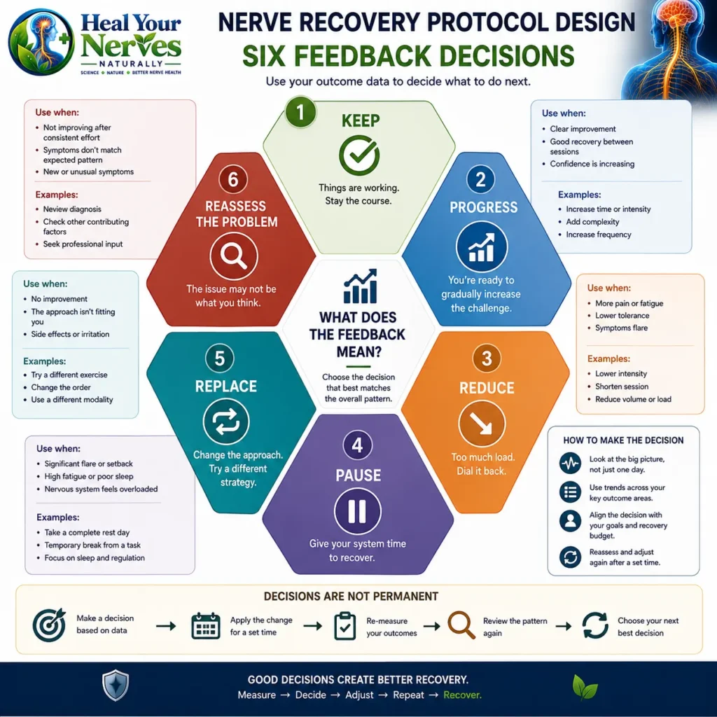 Nerve Recovery Protocol Design feedback decisions to keep, progress, reduce, pause, replace or reassess the problem