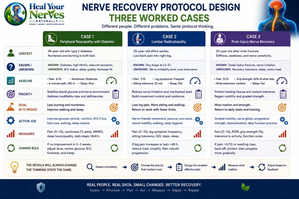 Three Nerve Recovery Protocol Design examples showing context, baseline, priority, goal, action, measures and change rules