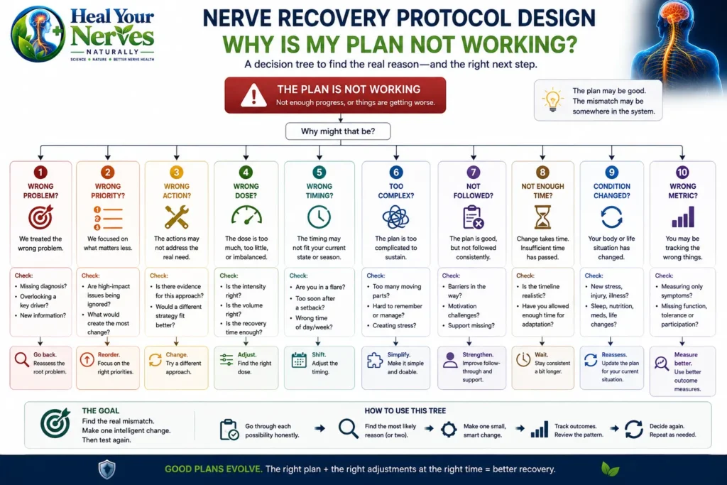 Nerve Recovery Protocol Design decision tree for finding why a recovery plan is not working and what to reassess next