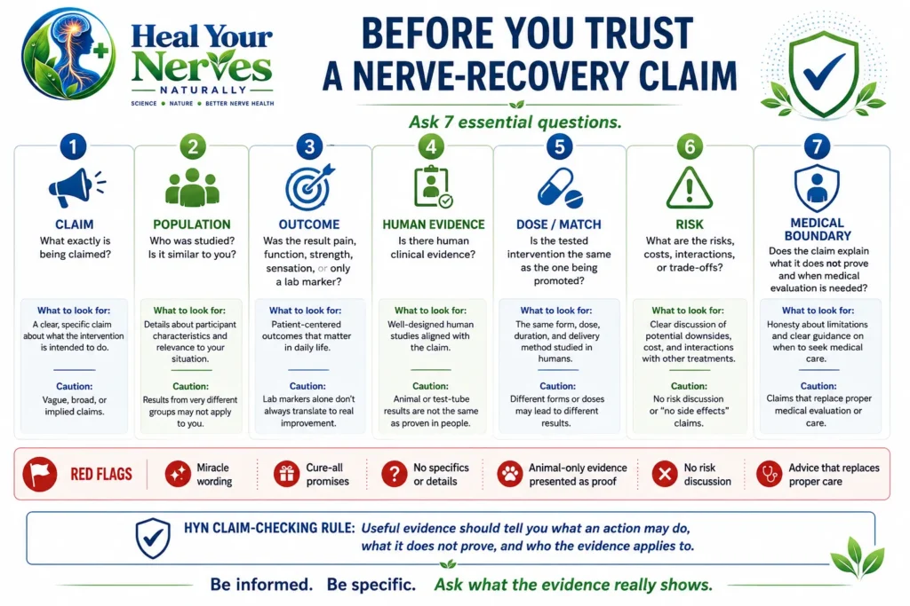 Nerve Recovery Protocols claim checker for evaluating claims by population outcome human evidence intervention match risk and medical boundaries