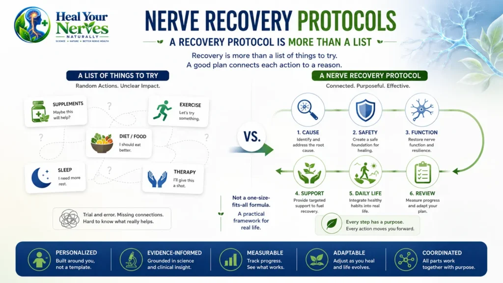 Nerve Recovery Protocols comparison between disconnected recovery actions and a coordinated cause safety function support daily life and review framework