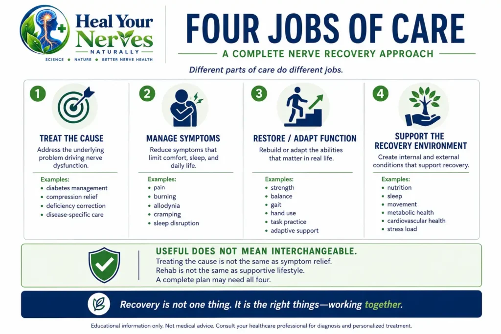 Nerve Recovery Protocols four jobs of care covering cause treatment symptom management function rehabilitation and recovery support