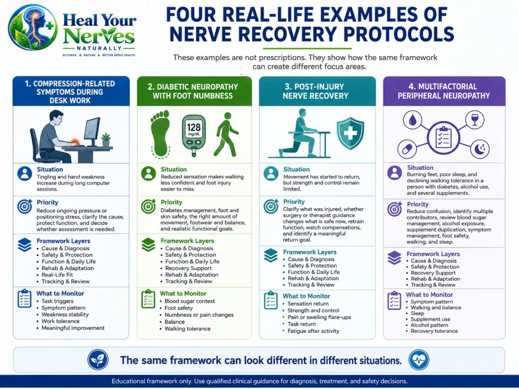 Four real-life Nerve Recovery Protocols examples for desk-work compression diabetic foot numbness post-injury recovery and multifactorial neuropathy