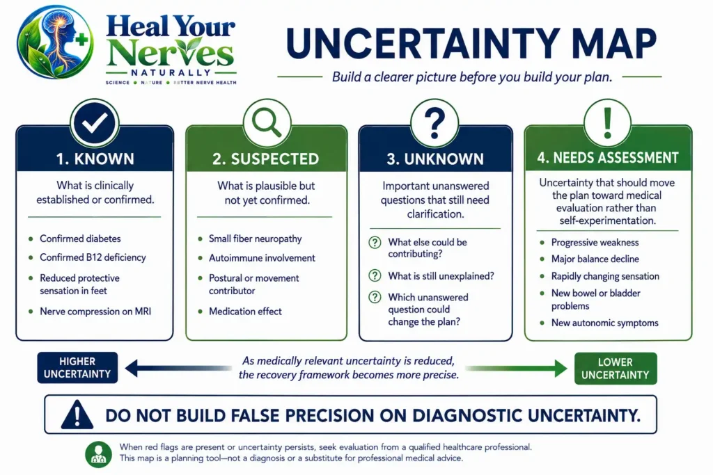 Nerve Recovery Protocols uncertainty map showing known suspected unknown and needs assessment categories