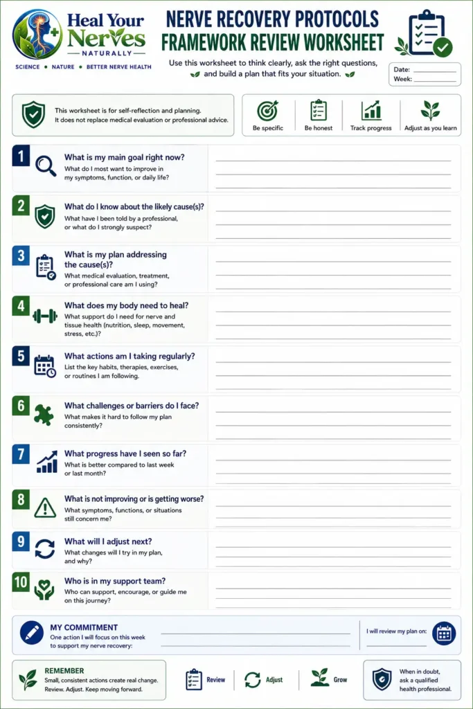 Ten-question Nerve Recovery Protocols review worksheet for goals cause uncertainty safety function support progress and review