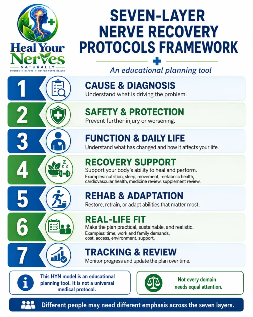 Seven-layer Nerve Recovery Protocols framework covering cause safety function support rehabilitation real-life fit and review
