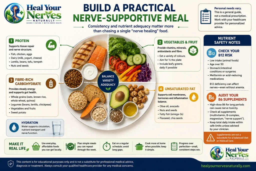 Practical nerve recovery support plate with protein vegetables fibre rich carbohydrates healthy fats B12 awareness and B6 supplement caution