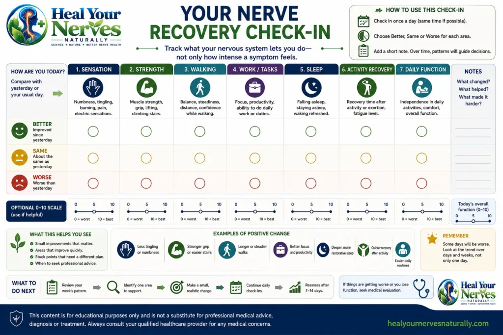 Nerve recovery check in dashboard tracking sensation strength walking work sleep activity recovery and daily function
