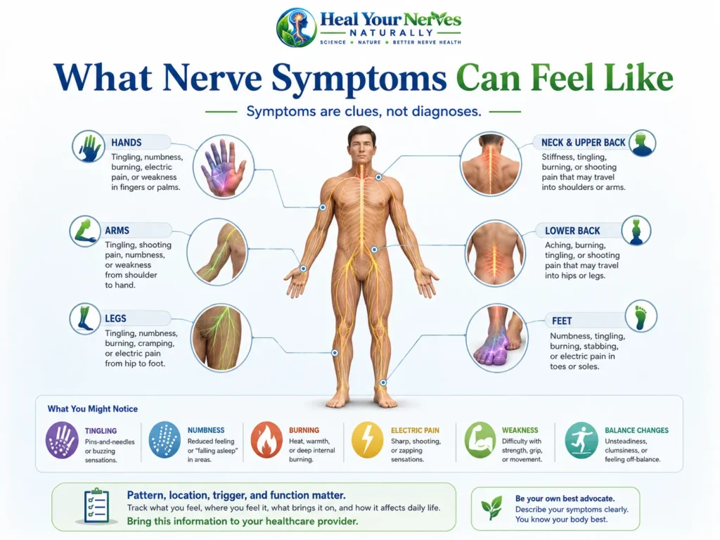 Real-life nerve symptom patterns including tingling, numbness, burning, electric pain, weakness and balance changes